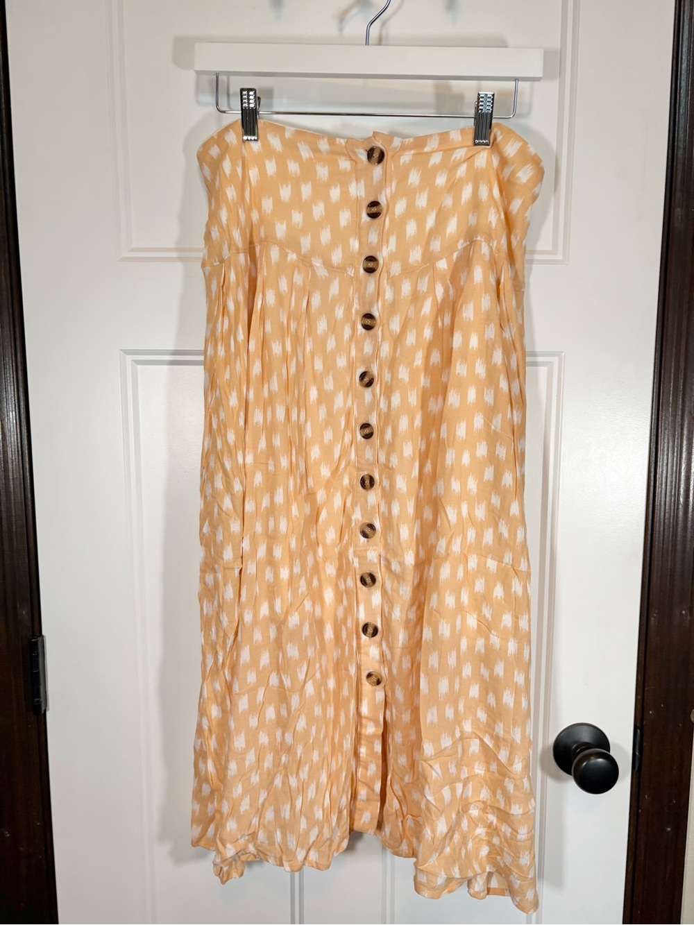 Everly Peach Midi Skirt with White Watercolor Spots Boho Buttons sz Medium